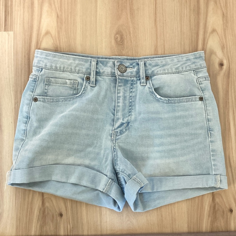High waisted midi jean shorts